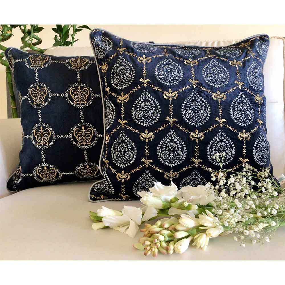 Cushion Covers(TSHVPBS01M), Padmini- Embroidered Luxury Velvet Cushion Cover- Midnight Blue- Set of 1, Cushion Covers - EL15303