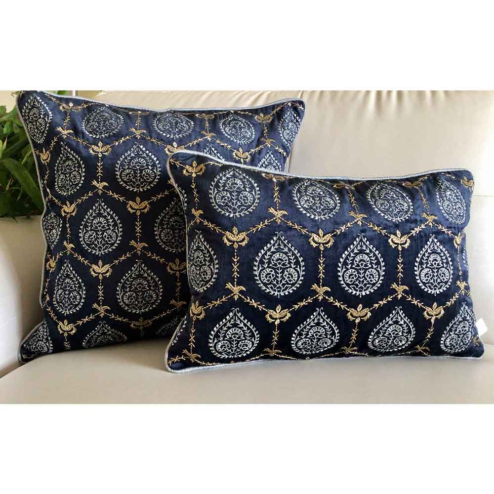 Cushion Covers(TSHVPBS01M), Padmini- Embroidered Luxury Velvet Cushion Cover- Midnight Blue- Set of 1, Cushion Covers - EL15303