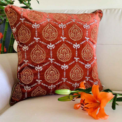 Cushion Covers(TSHVPOS01M), 'Padmini- Embroidered Luxury Velvet Cushion Cover- Burnt Orange- Set of 1, Cushion Covers - EL15304