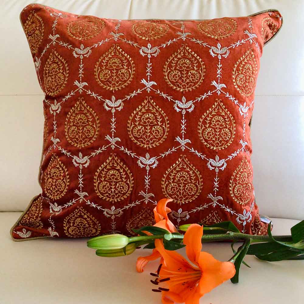 Cushion Covers(TSHVPOS01M), 'Padmini- Embroidered Luxury Velvet Cushion Cover- Burnt Orange- Set of 1, Cushion Covers - EL15304