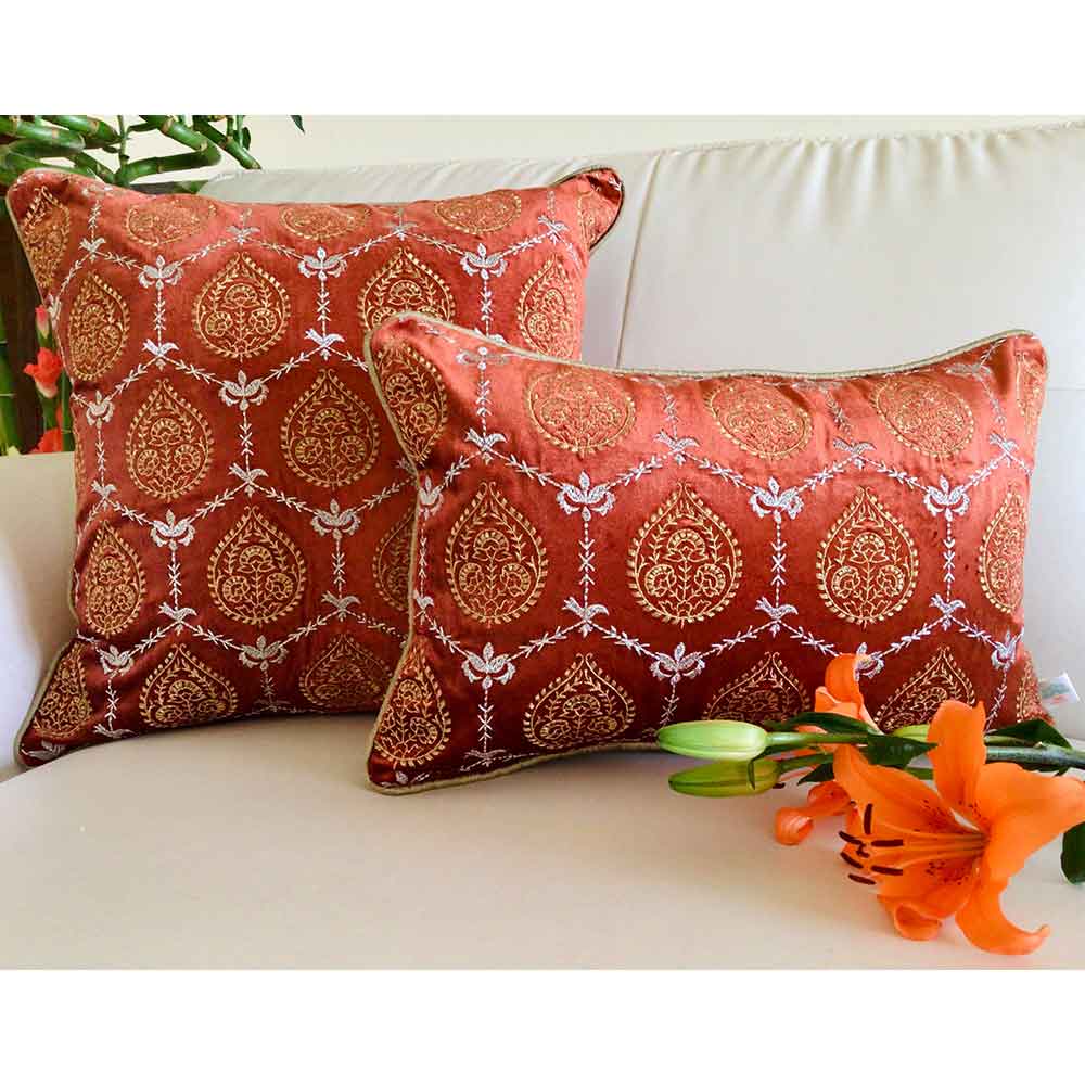 Cushion Covers(TSHVPOS01M), 'Padmini- Embroidered Luxury Velvet Cushion Cover- Burnt Orange- Set of 1, Cushion Covers - EL15304