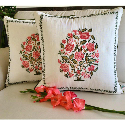 Cushion Covers(TSHEGFP02L), NOOR- Embroidered Cotton Silk- Cushion Cover- Pastel Pink & Green- Set of 2, Cushion Covers - EL15305