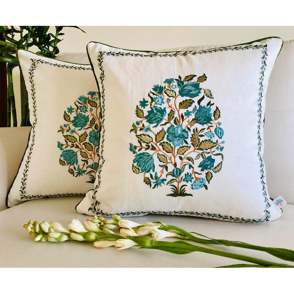 Cushion Covers(TSHEGFB02L), NOOR- Embroidered Cotton Silk Cushion Cover- Pastel Blue & Green- Set of 2, Cushion Covers - EL15306