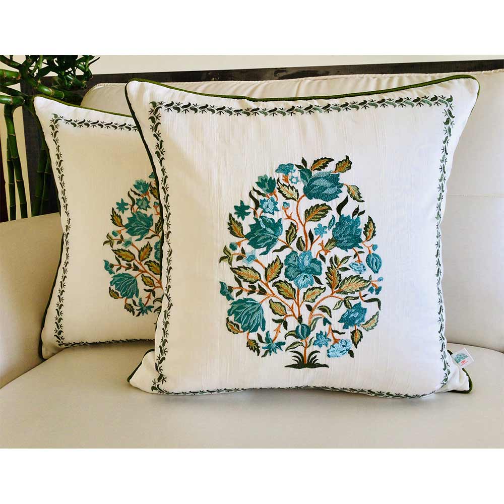 Cushion Covers(TSHEGFB02L), NOOR- Embroidered Cotton Silk Cushion Cover- Pastel Blue & Green- Set of 2, Cushion Covers - EL15306