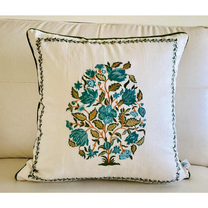 Cushion Covers(TSHEGFB02L), NOOR- Embroidered Cotton Silk Cushion Cover- Pastel Blue & Green- Set of 2, Cushion Covers - EL15306