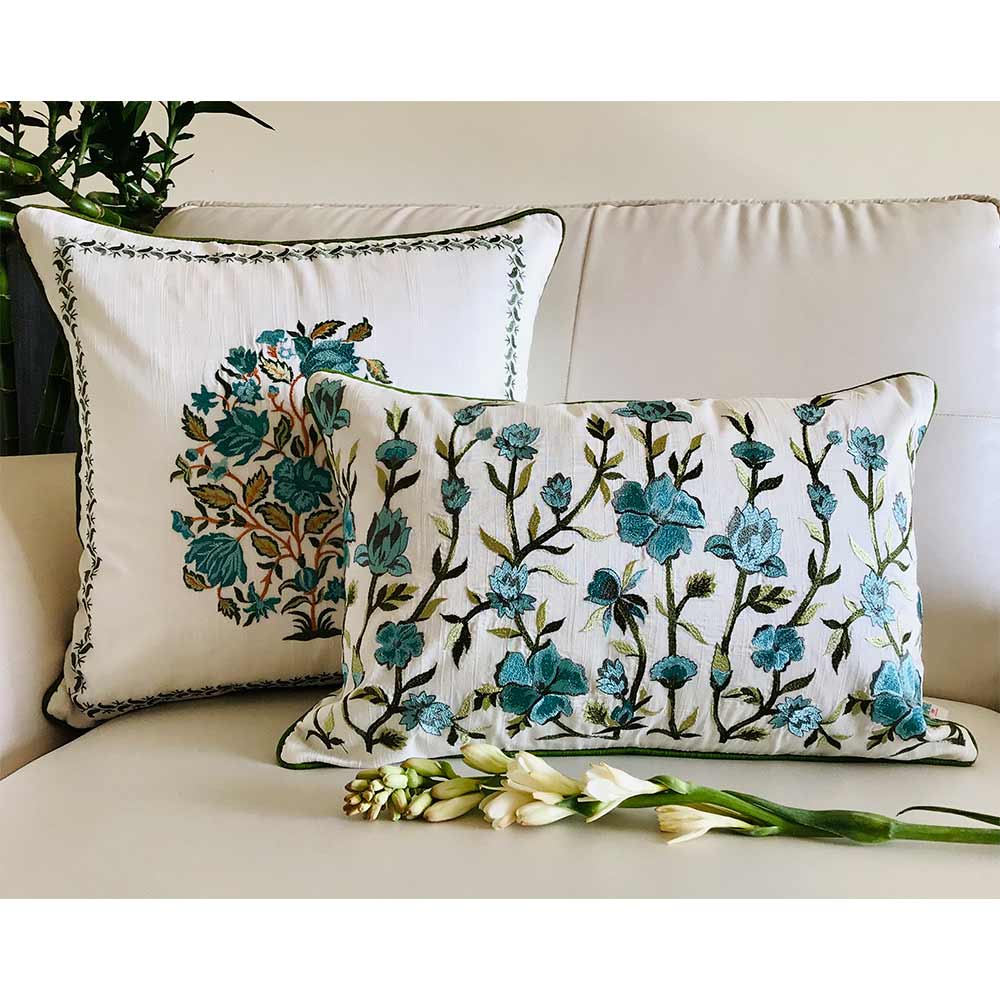 Cushion Covers(TSHEGFB02L), NOOR- Embroidered Cotton Silk Cushion Cover- Pastel Blue & Green- Set of 2, Cushion Covers - EL15306