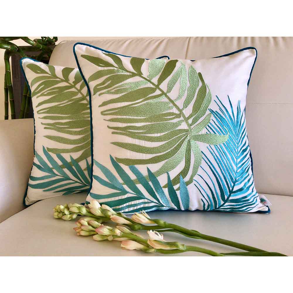 Cushion Covers(TSHPSB02L), Palm Springs-  Embroidered Cotton Silk Cushion Cover- Aqua Blue- Set of 2, Cushion Covers - EL15310