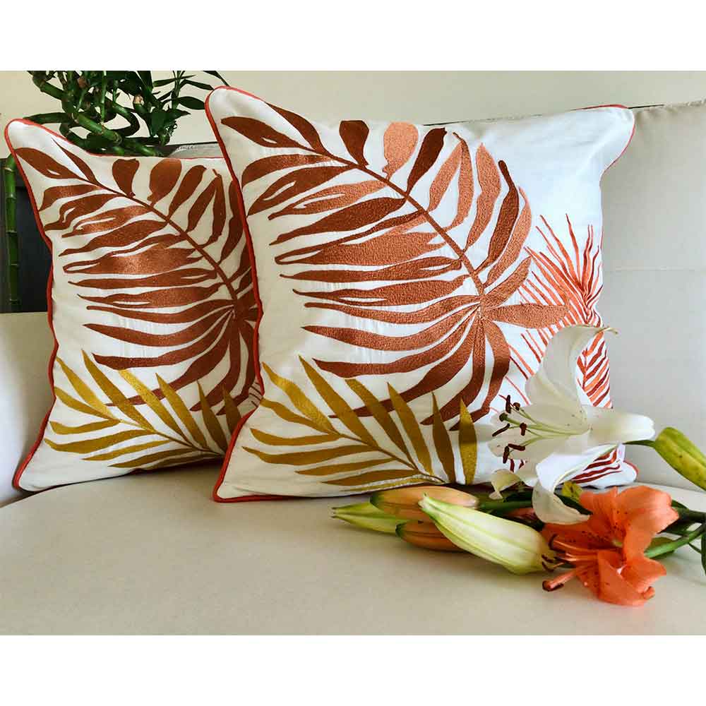 Cushion Covers(TSHPSO02L), Palm Springs-  Embroidered Cotton Silk Cushion Cover- Autumn Orange- Set of 2, Cushion Covers - EL15311