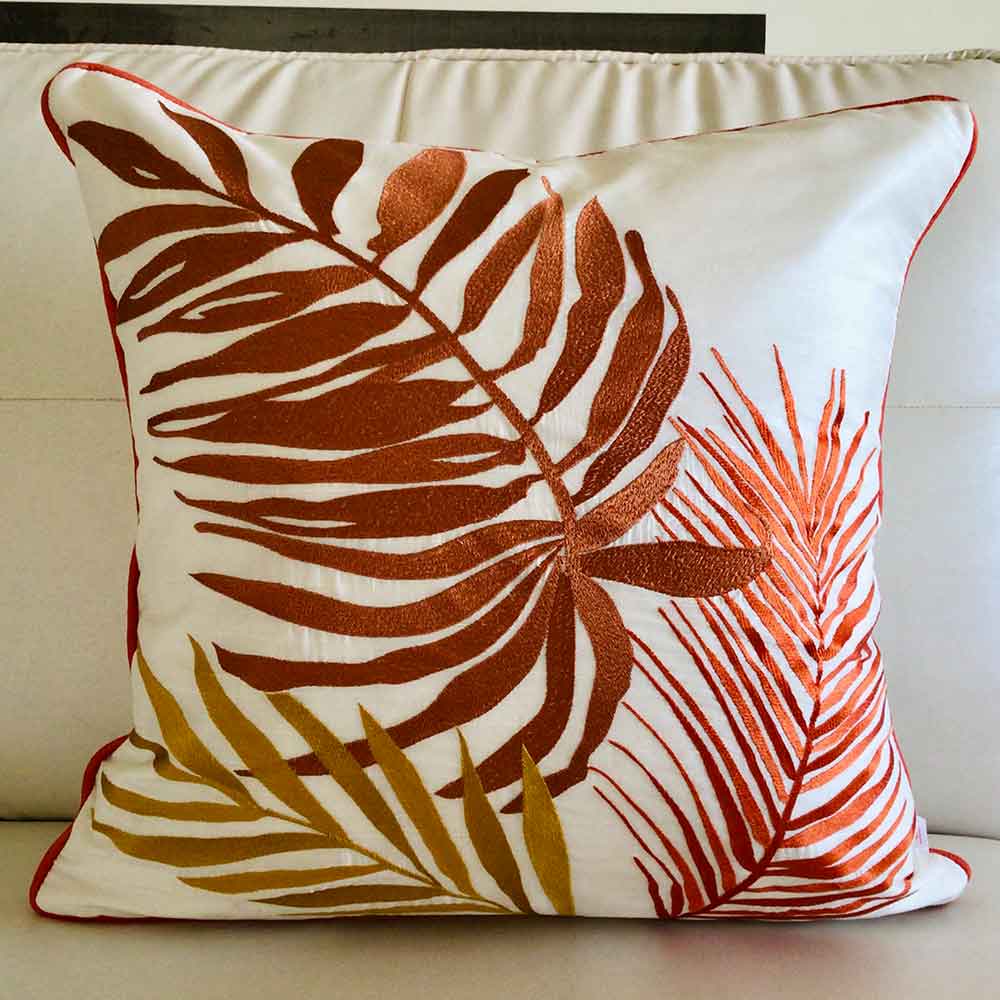 Cushion Covers(TSHPSO02L), Palm Springs-  Embroidered Cotton Silk Cushion Cover- Autumn Orange- Set of 2, Cushion Covers - EL15311