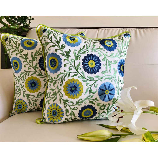 Cushion Covers(TSHEFGB02L), Shaan-e-Gulmarg -  Embroidered Cotton Silk Cushion Cover- Blue & Green- Set of 2, Cushion Covers - EL15312