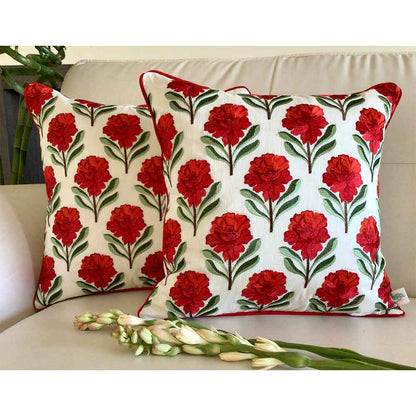 Cushion Covers(TSHERR02L), Bagh-e-Khaas -  Embroidered Cotton Silk Cushion Cover- Rose Red- Set of 2, Cushion Covers - EL15314