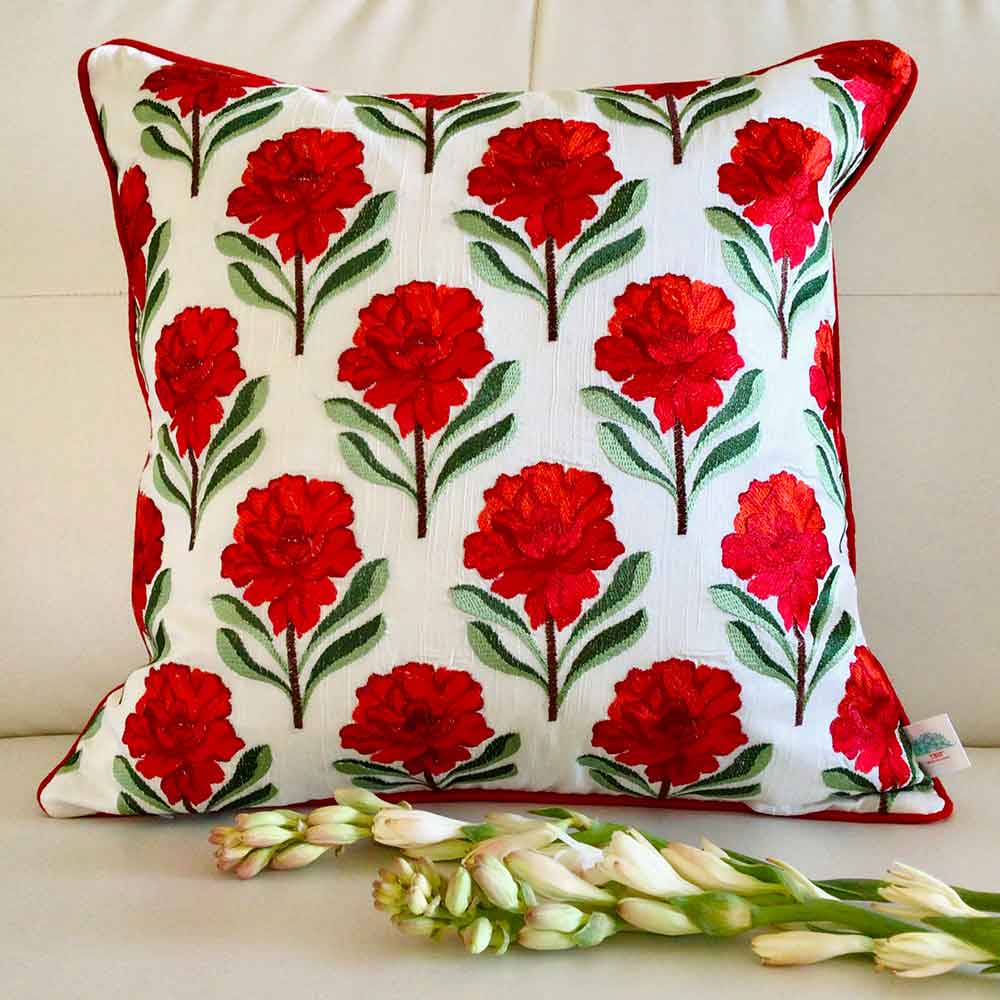 Cushion Covers(TSHERR02L), Bagh-e-Khaas -  Embroidered Cotton Silk Cushion Cover- Rose Red- Set of 2, Cushion Covers - EL15314