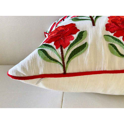 Cushion Covers(TSHERR02L), Bagh-e-Khaas -  Embroidered Cotton Silk Cushion Cover- Rose Red- Set of 2, Cushion Covers - EL15314