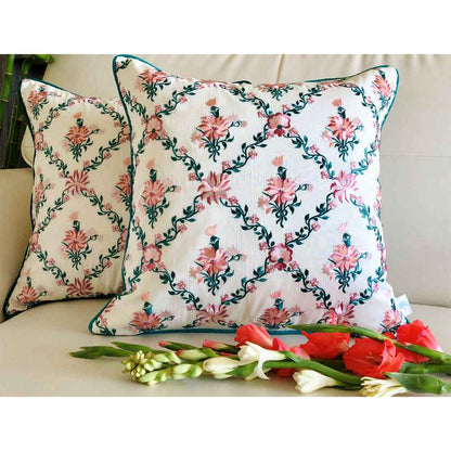 Cushion Covers(TSHEPT02L), Paradise- Embroidered Cotton Silk Cushion Cover- Teal Blue & Off- White- Set of 2, Cushion Covers - EL15316