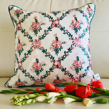 Cushion Covers(TSHEPT02L), Paradise- Embroidered Cotton Silk Cushion Cover- Teal Blue & Off- White- Set of 2, Cushion Covers - EL15316