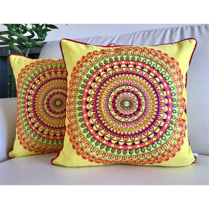 Cushion Covers(TSHCIL02L), Colors of India- Embroidered Cotton Silk Cushion Cover- Limoncello Yellow- Set of 2, Cushion Covers - EL15317