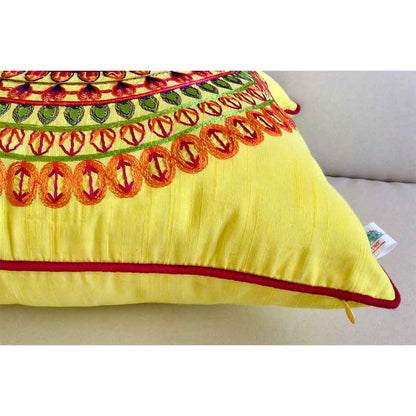 Cushion Covers(TSHCIL02L), Colors of India- Embroidered Cotton Silk Cushion Cover- Limoncello Yellow- Set of 2, Cushion Covers - EL15317