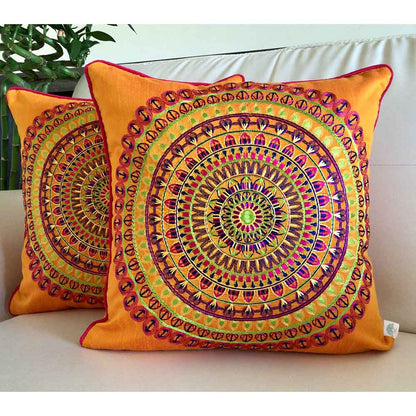 Cushion Covers(TSHCIO02L), Colors of India- Embroidered Cotton Silk Cushion Cover- Vermillion Orange- Set of 2, Cushion Covers - EL15318