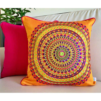 Cushion Covers(TSHCIO02L), Colors of India- Embroidered Cotton Silk Cushion Cover- Vermillion Orange- Set of 2, Cushion Covers - EL15318