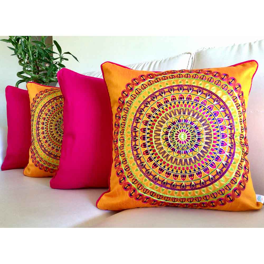 Cushion Covers(TSHCIO02L), Colors of India- Embroidered Cotton Silk Cushion Cover- Vermillion Orange- Set of 2, Cushion Covers - EL15318