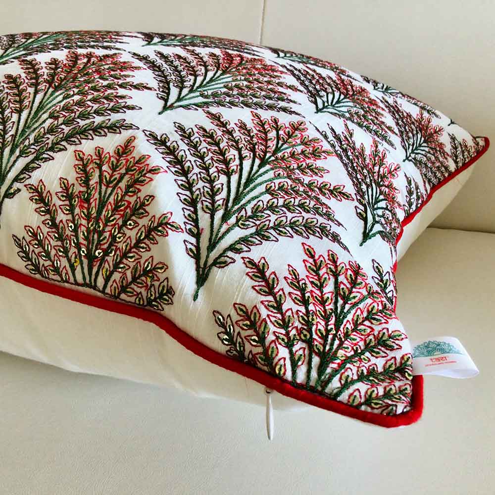 Cushion Covers(TSHESO02L), Shimmering Ferns- Embroidered Cotton Silk Cushion Cover- Multicolor- Set of 2, Cushion Covers - EL15319