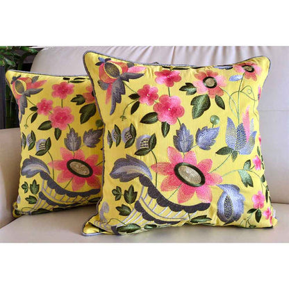 Cushion Covers(TSHFEY02L), Floral Ecstasy- Embroidered Cotton Silk Cushion Cover- Limoncello Yellow- Set of 2, Cushion Covers - EL15320