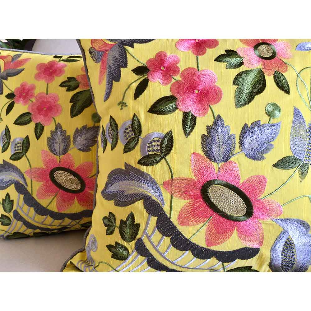 Cushion Covers(TSHFEY02L), Floral Ecstasy- Embroidered Cotton Silk Cushion Cover- Limoncello Yellow- Set of 2, Cushion Covers - EL15320