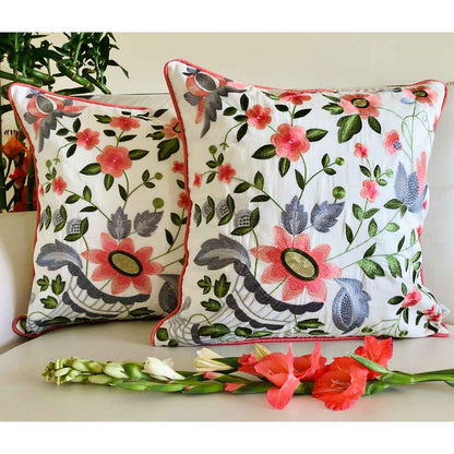 Cushion Covers(TSHFEC02L), Floral Ecstasy- Embroidered Cotton Silk Cushion Cover- Coral Pink- Set of 2, Cushion Covers - EL15321