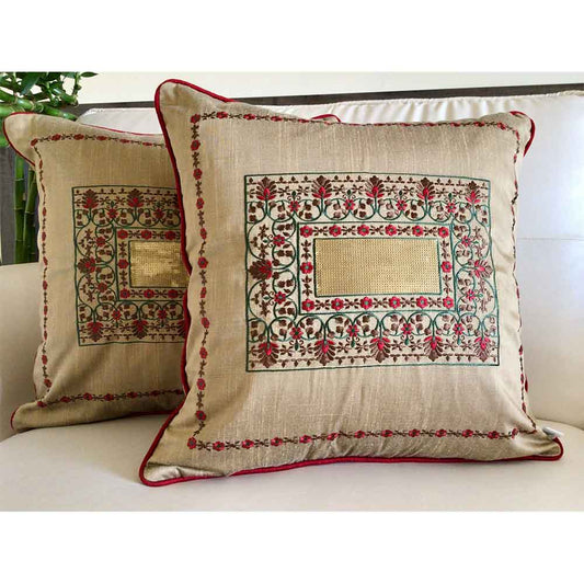 Cushion Covers(TSHMMG02L), Magic Mirror- Embroidered Cotton Silk Cushion Cover- Dusky Gold- Set of 2, Cushion Covers - EL15322