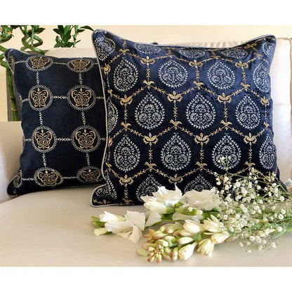 Cushion Covers(TSHVPBS01L), Padmini- Embroidered Luxury Velvet Cushion Cover- Midnight Blue- Set of 1, Cushion Covers - EL15323