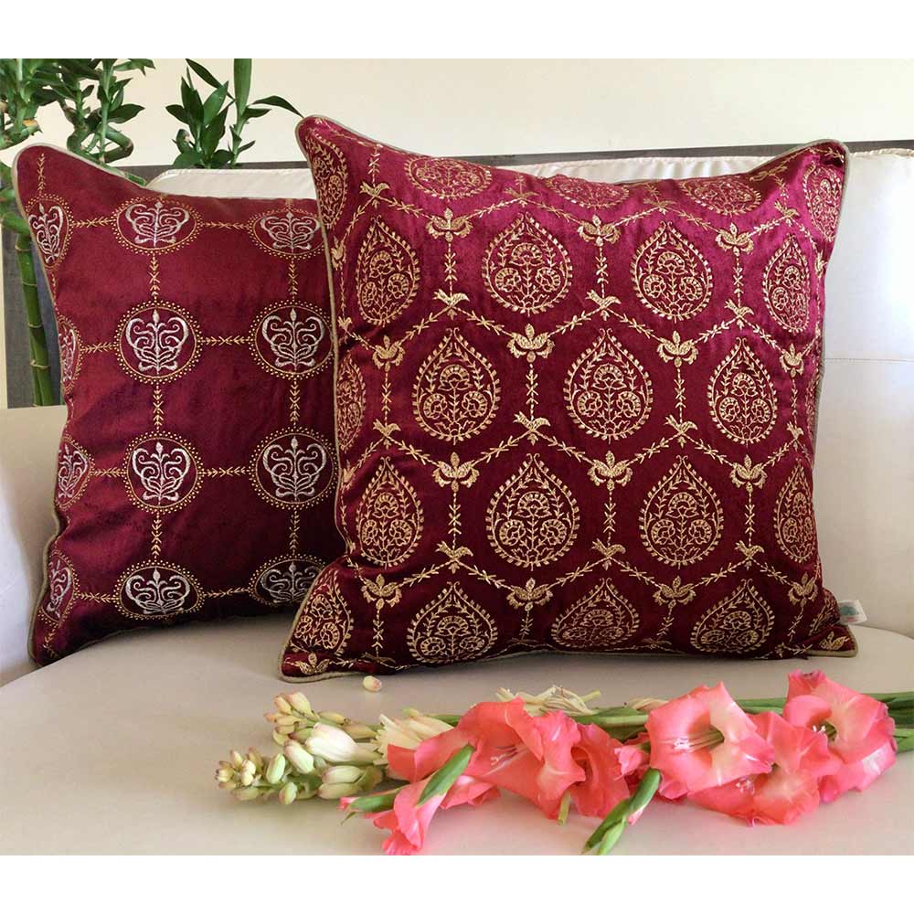 Cushion Covers(TSHVPRS01M), Padmini- Embroidered Luxury Velvet Cushion Cover- Wine Red- Set of 1, Cushion Covers - EL15325