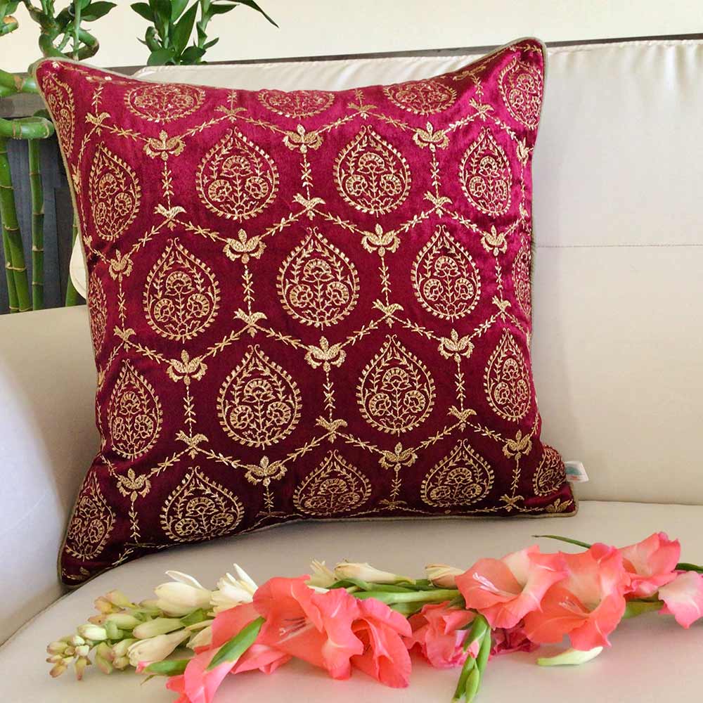 Cushion Covers(TSHVPRS01L), Padmini- Embroidered Luxury Velvet Cushion Cover- Wine Red- Set of 1, Cushion Covers - EL15326