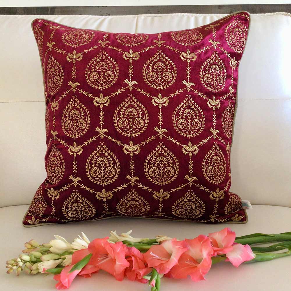 Cushion Covers(TSHVPRS01L), Padmini- Embroidered Luxury Velvet Cushion Cover- Wine Red- Set of 1, Cushion Covers - EL15326