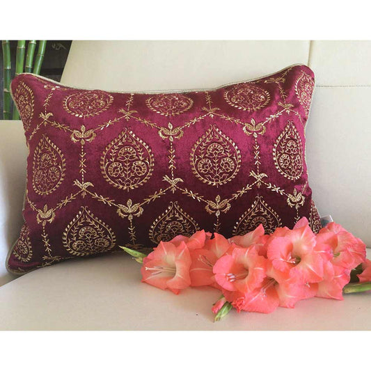 Cushion Covers(TSHVPRR01M), Padmini- Embroidered Luxury Velvet Cushion Cover- Wine Red- Set of 1, Cushion Covers - EL15327