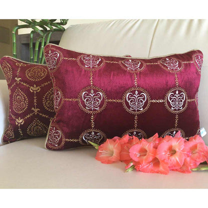 Cushion Covers(TSHVPRR01M), Padmini- Embroidered Luxury Velvet Cushion Cover- Wine Red- Set of 1, Cushion Covers - EL15327