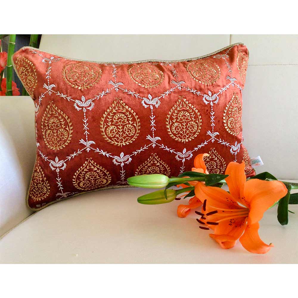 Cushion Covers(TSHVPOR01L), Padmini- Embroidered Luxury Velvet Cushion Cover- Burnt Orange- Set of 1, Cushion Covers - EL15330