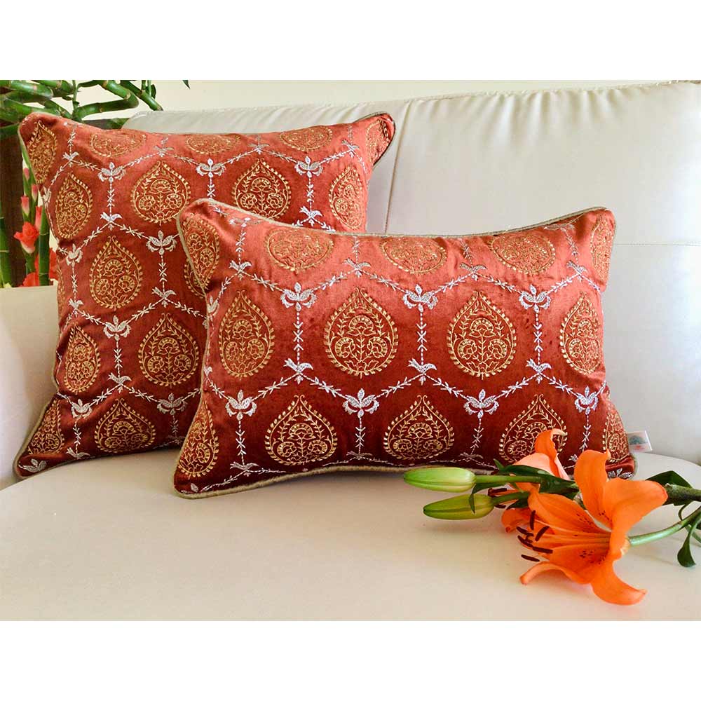 Cushion Covers(TSHVPOR01L), Padmini- Embroidered Luxury Velvet Cushion Cover- Burnt Orange- Set of 1, Cushion Covers - EL15330