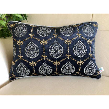 Cushion Covers(TSHVPBR01M), Padmini- Embroidered Luxury Velvet Cushion Cover- Midnight Blue- Set of 1, Cushion Covers - EL15331