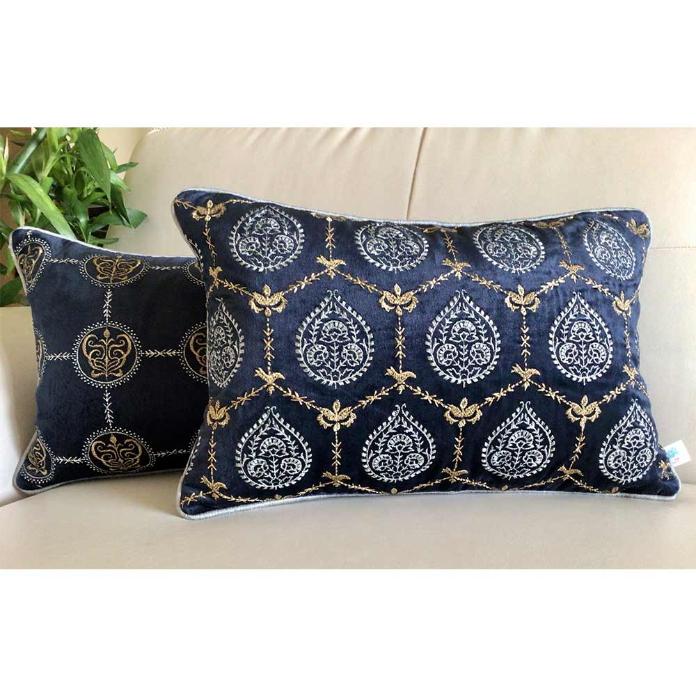 Cushion Covers(TSHVPBR01M), Padmini- Embroidered Luxury Velvet Cushion Cover- Midnight Blue- Set of 1, Cushion Covers - EL15331