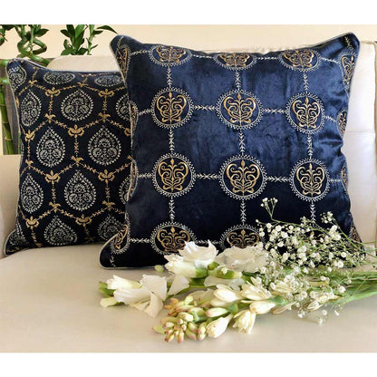 Cushion Covers(TSHVCBS01M), Cleopatra- Embroidered Luxury Velvet Cushion Cover- Midnight Blue- Set of 1, Cushion Covers - EL15333