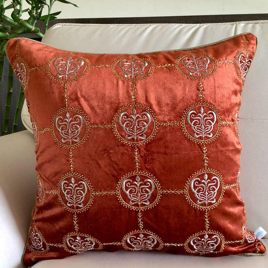 Cushion Covers(TSHVCOS01M), Cleopatra- Embroidered Luxury Velvet Cushion Cover- Burnt Orange- Set of 1, Cushion Covers - EL15335