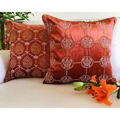 Cushion Covers(TSHVCOS01M), Cleopatra- Embroidered Luxury Velvet Cushion Cover- Burnt Orange- Set of 1, Cushion Covers - EL15335