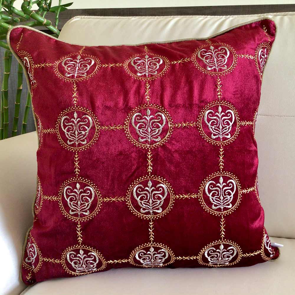 Cushion Covers(TSHVCRS01M), Cleopatra- Embroidered Luxury Velvet Cushion Cover- Wine Red- Set of 1, Cushion Covers - EL15337