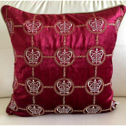 Cushion Covers(TSHVCRS01M), Cleopatra- Embroidered Luxury Velvet Cushion Cover- Wine Red- Set of 1, Cushion Covers - EL15337