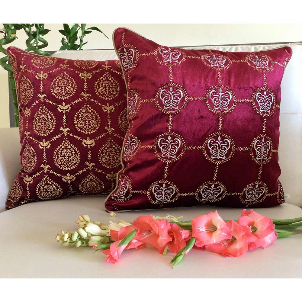 Cushion Covers(TSHVCRS01M), Cleopatra- Embroidered Luxury Velvet Cushion Cover- Wine Red- Set of 1, Cushion Covers - EL15337