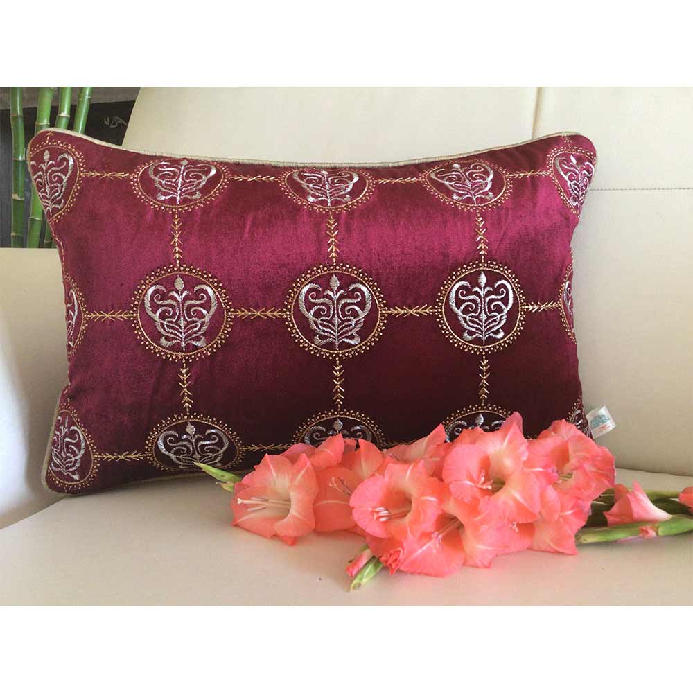 Cushion Covers(TSHVCRR01M), Cleopatra- Embroidered Luxury Velvet Cushion Cover- Wine Red- Set of 1, Cushion Covers - EL15339