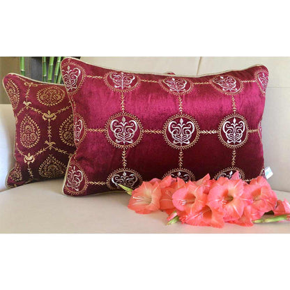 Cushion Covers(TSHVCRR01M), Cleopatra- Embroidered Luxury Velvet Cushion Cover- Wine Red- Set of 1, Cushion Covers - EL15339