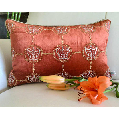 Cushion Covers(TSHVCOR01L), Cleopatra- Embroidered Luxury Velvet Cushion Cover- Burnt Orange- Set of 1, Cushion Covers - EL15342