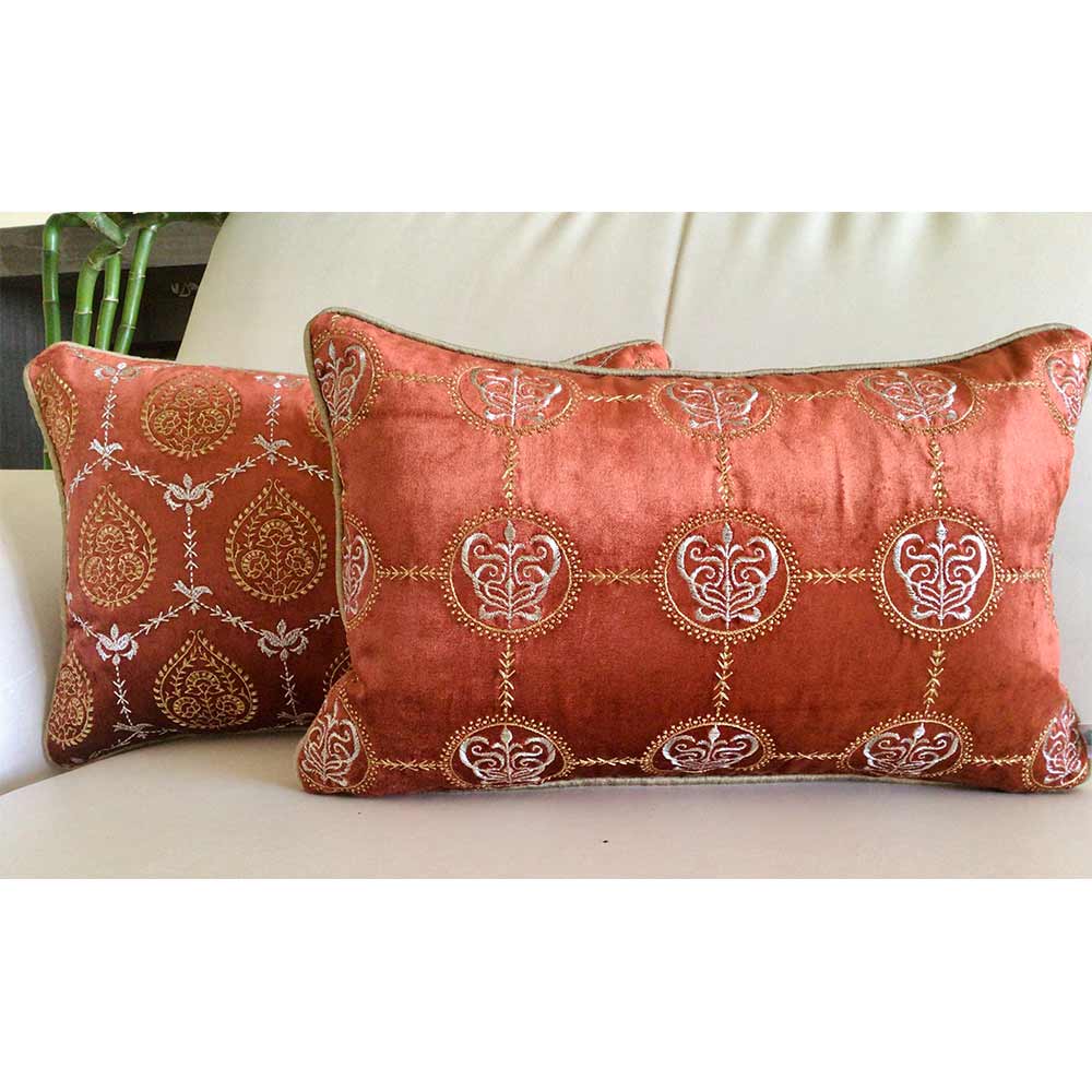 Cushion Covers(TSHVCOR01L), Cleopatra- Embroidered Luxury Velvet Cushion Cover- Burnt Orange- Set of 1, Cushion Covers - EL15342