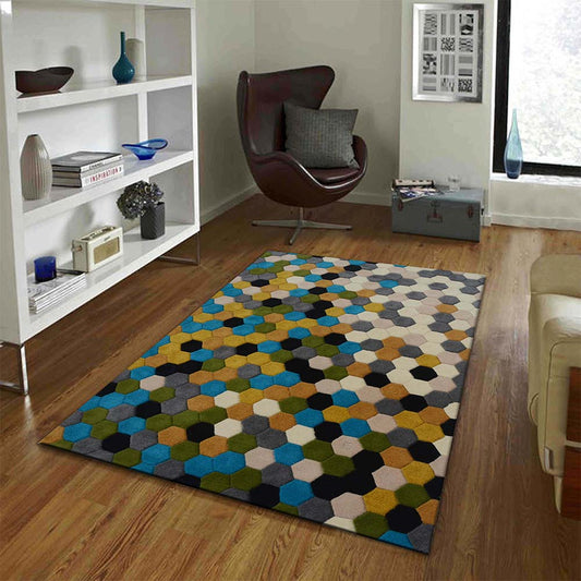 Rugs, (Presto) ICHT1008C2X5, Green, Blue and Gold Geometric Hand Tufted Wool Carpet-EL15881-22X55 inches